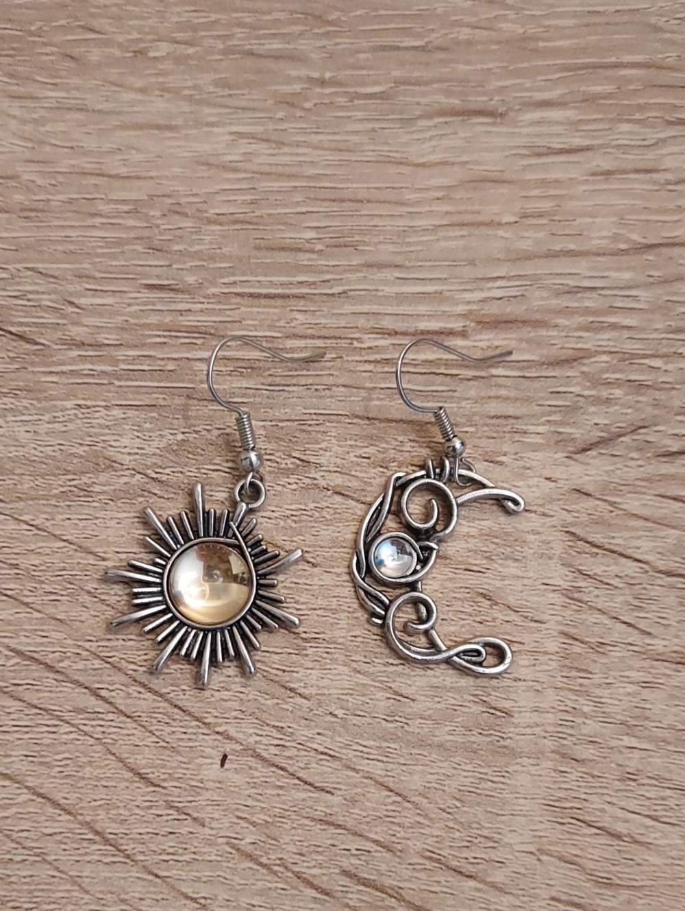 Sun & Moon Silver Tone Dangle Earrings with Gold and Silver Accents